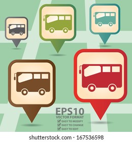 Vector : Business and Service Concept Present By Colorful Vintage Style Map Pointer Icon With Bus, Bus Stop or Bus Rental Service Sign in POI Map Background