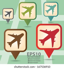 Vector : Business and Service Concept Present By Colorful Vintage Style Map Pointer Icon With Aeroplane, Airplane, Airport, Landing Field, or Logistic Sign in POI Map Background
