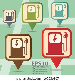 Vector : Business and Service Concept Present By Colorful Vintage Style Map Pointer Icon With Electromobile Charge Station Sign in POI Map Background