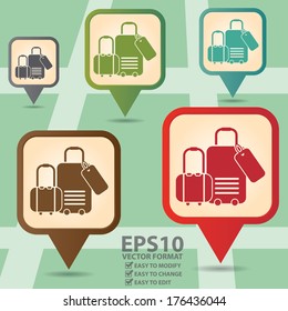 Vector : Business and Service Concept Present By Colorful Vintage Style Map Pointer Icon With Luggage, Suitcase, Traveling Bag or Baggage Shop Sign in POI Map Background 