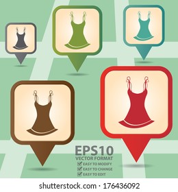 Vector : Business and Service Concept Present By Colorful Vintage Style Map Pointer Icon With Dress, Clothes, Women's Clothing , or Fashion Shop Sign in POI Map Background 