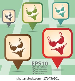 Vector : Business and Service Concept Present By Colorful Vintage Style Map Pointer Icon With Women Swimwear, Swimsuit, Underwear or Fashion Shop Sign in POI Map Background 