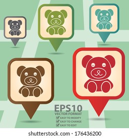 Vector : Business and Service Concept Present By Colorful Vintage Style Map Pointer Icon With Teddy Bear, Nursery, Preschool, Playroom, Kid, Children or Toy Sign in POI Map Background 