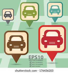 Vector : Business And Service Concept Present By Colorful Vintage Style Map Pointer Icon With Car Parking Or Car Showroom Sign In POI Map Background 