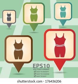 Vector : Business and Service Concept Present By Colorful Vintage Style Map Pointer Icon With Women Sportswear Shop or Gym Sign in POI Map Background 