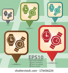 Vector : Business and Service Concept Present By Colorful Vintage Style Map Pointer Icon With Hand Watch, Wristwatch, Fashion or Accessory Shop Sign in POI Map Background 