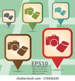Vector : Business and Service Concept Present By Colorful Vintage Style Map Pointer Icon With DSLR Camera, Camera,Photographer or Hobby Shop Sign in POI Map Background 