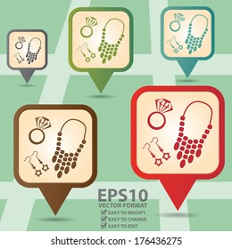 Vector : Business and Service Concept Present By Colorful Vintage Style Map Pointer Icon With Accessories, Costume Jewelry or Fashion Shop Sign in POI Map Background 