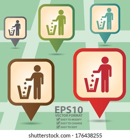 Vector : Business and Service Concept Present By Colorful Vintage Style Map Pointer Icon With Litter Bin, Garbage Pail, Ashcan Or Dustbin Sign in POI Map Background 
