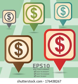 Vector : Business and Service Concept Present By Colorful Vintage Style Map Pointer Icon With Dollar Sign, Bank, Money Exchange or Business Sign in POI Map Background 