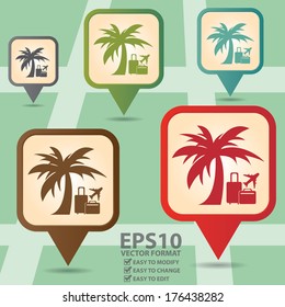 Vector : Business and Service Concept Present By Colorful Vintage Style Map Pointer Icon With Travel Information or Travel Agency Sign in POI Map Background 