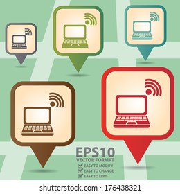 Vector : Business and Service Concept Present By Colorful Vintage Style Map Pointer Icon With Wifi Hotspot, Computer Center, Internet Cafe or IT Mall Sign in POI Map Background 