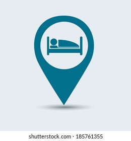 Vector : Business and Service Concept Present By Colorful Glossy Style Map Pointer With Hotel, Hostel, Motel, Service Apartment, Resort or Bedroom Sign Isolated on White Background 