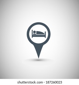 Vector : Business and Service Concept Present By Colorful Glossy Style Map Pointer With Hotel, Hostel, Motel, Service Apartment, Resort or Bedroom Sign Isolated on White Background 