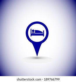 Vector : Business and Service Concept Present By Colorful Glossy Style Map Pointer With Hotel, Hostel, Motel, Service Apartment, Resort or Bedroom Sign Isolated on White Background