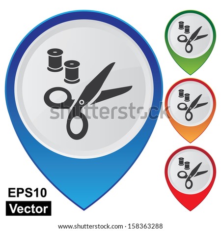 Vector : Business and Service Concept Present By Colorful Glossy Style Map Pointer With Tailor's Shop, Dressmaking's Shop or Clothing Repair and Alterations Service Sign Isolated on White Background 