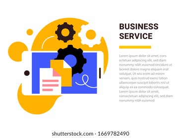 Plantilla de servicio empresarial de vectores con ilustración de teléfono móvil con engranaje sobre fondo blanco. Diseño creativo de estilo plano con espacio de texto para web, sitio, banderín