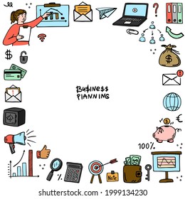 Vector business set. Doodle style. Hand drawing. Idea, planning, economics. Money. A bag of money. charts. the speaker. Office, work