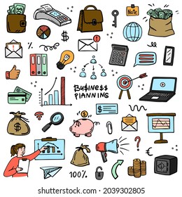 Conjunto de negocios de vectores. Estilo Doodle. Dibujo manual. Idea, planificación, economía. Dinero. Una bolsa de dinero. gráficos. el orador. Oficina, trabajo