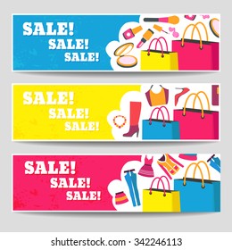 Vector business set of flat illustration sale of women's accessories, cloth, shoes. Use for banners, flayers, website, show