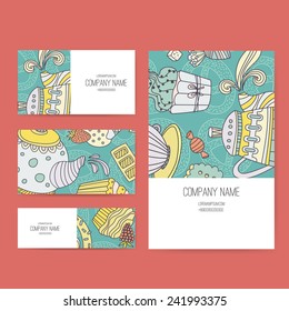 Vector business set template with cute hand drawn dessert illustrations. Restaurant or cafe branding elements. Flyer design with cupcakes and sweets. 