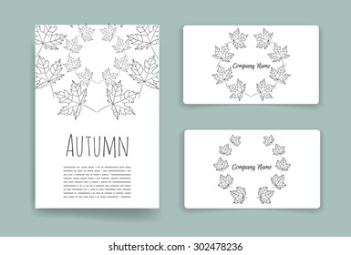 Vector business set template with hand drawn autumn leaves illustrations. Business card and brochure elements. Flyer design with autumn leaves. 