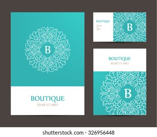 Vector business set template with monogram letter logo. Business branding elements, cards. Flyer design. Business cards, brochure, cover mock up set