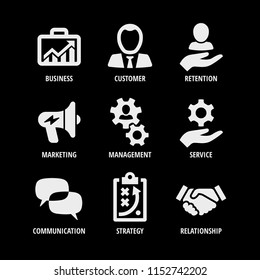 Vector business shape white icon set ona a black background with customer, retention, marketing, management, service, communication, strategy, relationship.