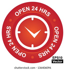 Vector : Business Shop or Service Concept Present By Red Open 24 HRS Circle Sign With Clock Sign Inside Isolated on White Background