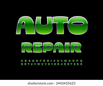 Vector business sign Auto Repair. Green and Metallic trendy Font. Unique set of stylish Alphabet Letters, Numbers and Symbols set.