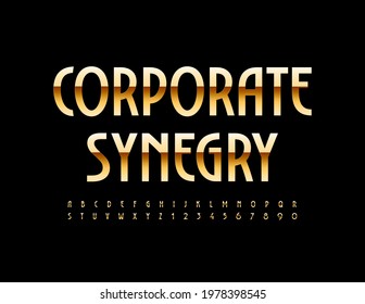 Vector business sign Corporate Synergy. Luxury style Font. Set of Gold Alphabet Letters and Numbers