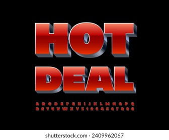 Vector business sign Hot Deal. Red and Silver cool Font. Trendy 3D Alphabet Letters and Numbers.