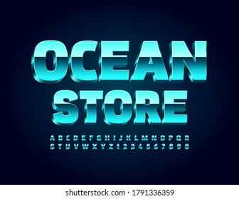 Geschäftszeichen des Vektorgeschäfts, Ocean Store. Metallische 3D-Schriftart. Glossy-trendige Alphabet-Buchstaben und -Zahlen