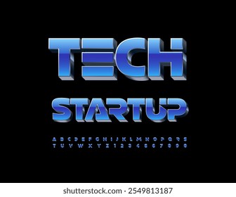 Vector business sign Tech Startup. Exclusive Blue and Silver Font. Digital 3D set of Alphabet Letters and  Numbers