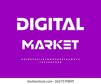 Vector Business signboard Digital Market. Typography Minimal White Font. Uppercase Futuristic Alphabet Letters and Numbers set.