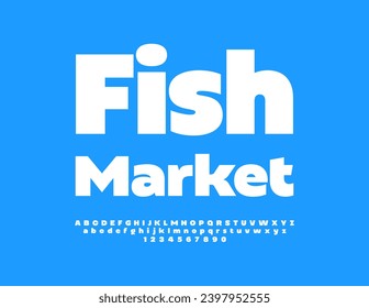 Vector business signboard Fish Market. White minimalistic Font. Simple style Alphabet Letters and Numbers set