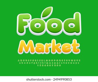Vector business signboard Food Market. Cool Green Font. Bright Alphabet Letters and Numbers set.
