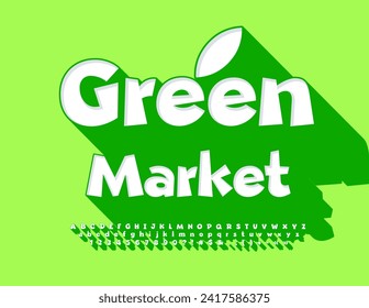 Vector business signboard Green Market with decorative Leaf. Playful style Font with Big Green Shadow. Creative Alphabet Letters, Numbers and Symbols set