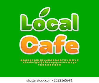 Vector business signboard Local Cafe with decorative Leaf. Modern orange Font. Set of trendy Alphabet Letters and Numbers.