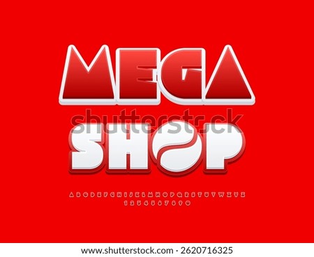 Vector Business signboard Mega Shop. Unique Red Font. Artistic Alphabet Letters and Numbers set
