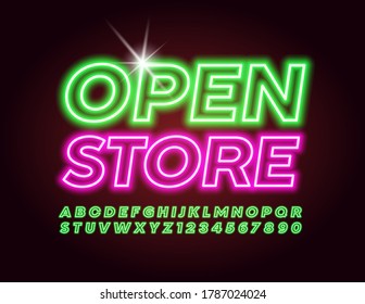 Vector business signboard Open Store. Green Neon Font. Electric light Alphabet Letters and Numbers