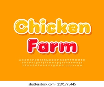 Vector business sin Chicken Farm. Sunny yellow Font. Bright glossy Alphabet Letters, Numbers and Symbols set