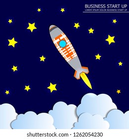 Vector Business Start Up Concept Illustration, Rocket Launch on Starry Sky Dark Background with Shining Stars, Paper Art.