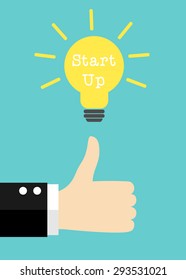 Vector business start up illustration. Hand thumb up with bulb light on green background. 