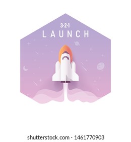 Inicio de negocio de vectores, nuevo concepto de proyecto. Lanzamiento de cohetes espaciales o naves espaciales en el espacio con estrellas y planetas, ilustración en forma de hexágono
