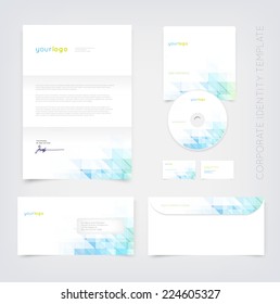 Vector business stationary design template with modern abstract triangular background. Letter, envelope, cd and business cards. Modern branding collection.