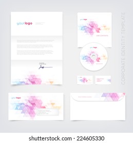 Vector business stationary design template with modern abstract triangular background. Letter, envelope, cd and business cards. Modern branding collection.