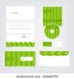 Vector business stationary design template with green retro chevron pattern. Letter, envelope, cd and business cards. Modern branding collection.