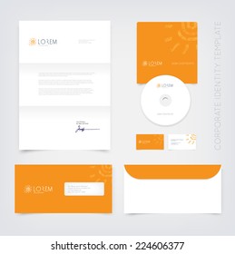 Vector business stationary design template with hand drawn cute grungy spiral sun logo, orange background. Letter, envelope, cd and business cards. Modern branding collection.