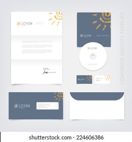 Vector business stationary design template with hand drawn cute grungy spiral sun logo, gray background. Letter, envelope, cd and business cards. Modern branding collection.